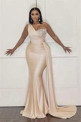 Champagne One Shoulder Ruffles Crystal Prom Dresses